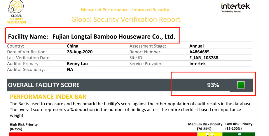 祝賀福建龍泰竹家居股份有限公司在2020年通過ITS GSV審核并取得93分 祝賀福建龍泰竹家居股份有限公司在2020年通過ITS GSV審核并取得93分